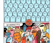 Orgullo diverso. #descripcion imagen: ilustración vertical dividida en dos zonas. En la. Parte superior la palabra "uniformity" y lleno de personajes iguales, en la. Inferior "diversity" y personajes de todas las formas y colores. Firmado por Elise Gravel.